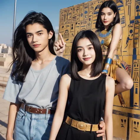 246 (In the mural２people々々々々々々), (An 18-year-old female and an 18-year-old male), short hair,kind, lipstick, Egyptian civilization, Waist belt, Hieroglyphics, smile