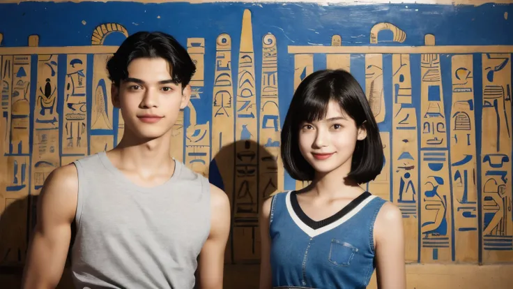 246 (In the mural２people々々々々々々々), (An 18-year-old female and an 18-year-old male), short hair,kind, lipstick, Egyptian civilization, Waist belt, Hieroglyphics, smile