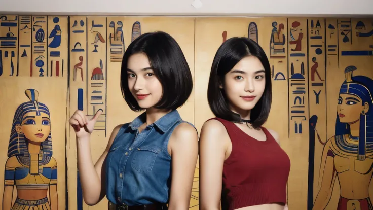 246 (In the mural２people々々々々々々々), (An 18-year-old female and an 18-year-old male), short hair,kind, lipstick, Egyptian civilization, Waist belt, Hieroglyphics, smile