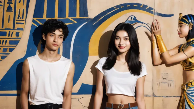 246 (In the mural２people々々々々々々々), (An 18-year-old female and an 18-year-old male), short hair,kind, lipstick, Egyptian civilization, Waist belt, Hieroglyphics, smile