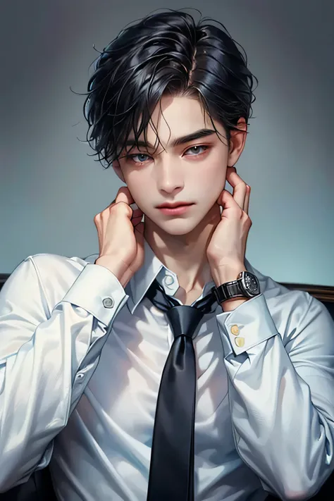 solo, 1boy, male_focus, watch, wristwatch, sweater, shirt, black_hair, collared_shirt, upper_body, realistic, necktie, long_sleeves, short_hair, blue_sweater, white_shirt, black_eyes, closed_mouth, blue_necktie