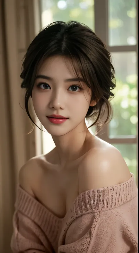 Create a photorealistic image of a beautiful Asian woman with fair, smooth, flawless skin. She has large, round, sparkling eyes with naturally long and curled eyelashes, and well-defined, dark eyebrows. Her nose is straight and high, and her naturally pink...