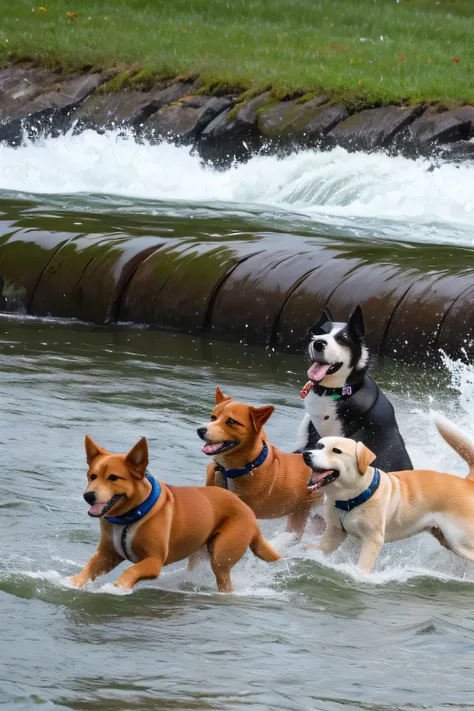 Highest quality，river，play，Multiple dogs