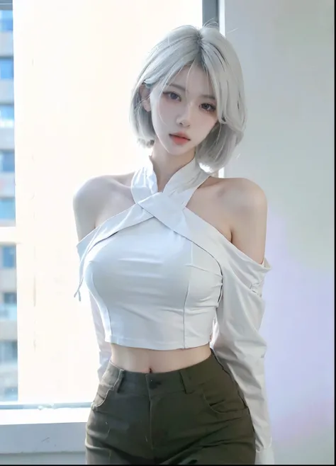 Beautiful woman with perfect figure:1.4，Ultra-high resolution，White background，（Realism:1.4)，Layered hairstyle，White skin，JK:1.5，Super short pleated skirt，whole body：1.4，Very delicate and skin texture，Double eyelids，Skin Whitening，Long hair，White hair
