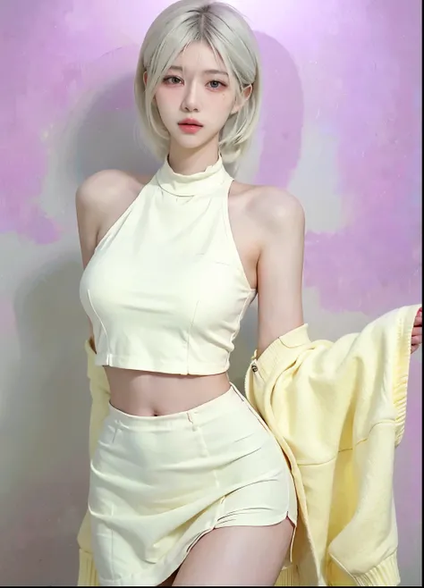 Beautiful woman with perfect figure:1.4，Ultra-high resolution，White background，（Realism:1.4)，Layered hairstyle，White skin，JK:1.5，Super short pleated skirt，whole body：1.4，Very delicate and skin texture，Double eyelids，Skin Whitening，Long hair，White hair
