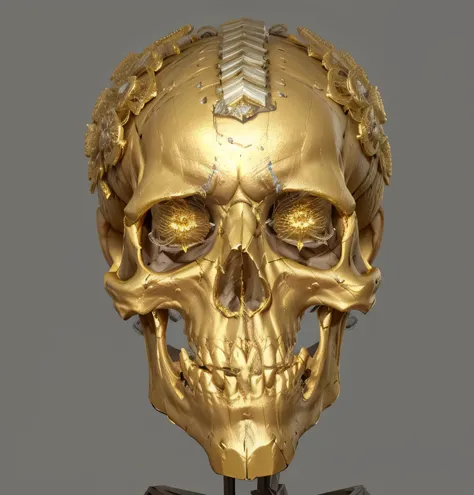 there is a gold skull with a tooth on a stand, skull like, human skull, skull, High resolution and detail, ugly Very detailed, gold skulls, eerie Very detailed, High resolution ultra detailed, Very detailed skeleton, skull bust, Extremely detailed front an...