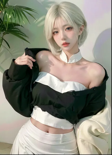 Beautiful woman with perfect figure:1.4，Ultra-high resolution，White background，（Realism:1.4)，Layered hairstyle，White skin，JK:1.5，Super short pleated skirt，whole body：1.4，Very delicate and skin texture，Double eyelids，Skin Whitening，short hair，White hair
