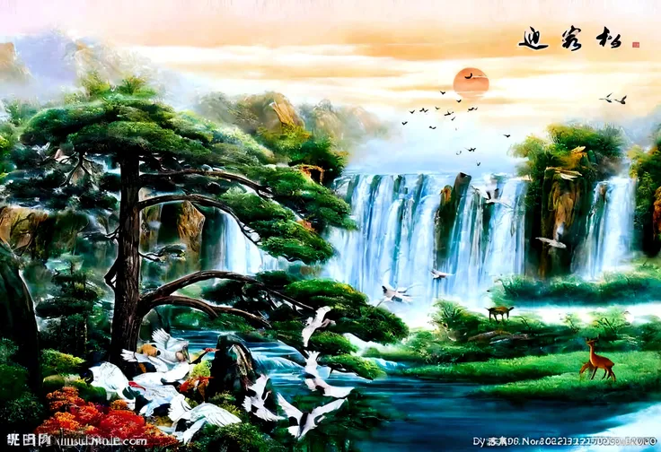 painting of a waterfall with birds and a deer in the foreground, nature painting, scenery artwork, anime nature wallpap, chinese painting style, a beautiful artwork illustration, detailed scenery —width 672, dream scenery art, anime nature, beautiful wallp...