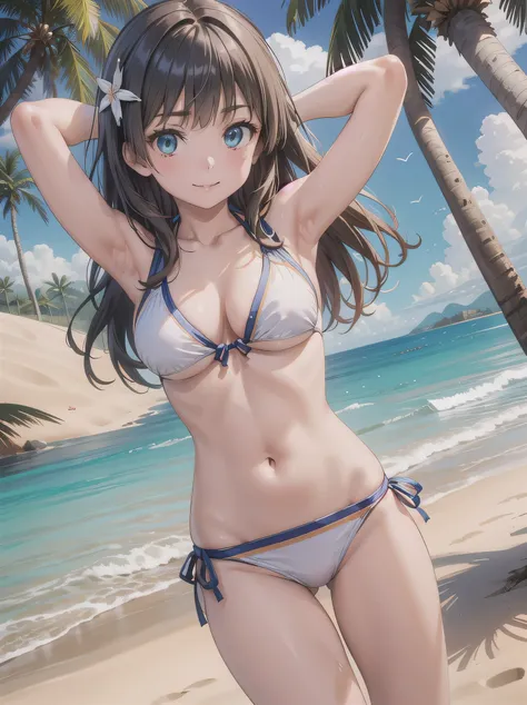 okay, saten ruiko, black hair, blue eyes, long hair, ((hair ornaments)), floral decoration, smile
((sexy swimwear:1.3)), 
((beac...