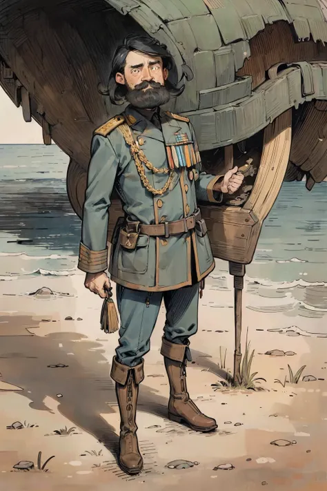 (ultra detailed,ultra high res,detailed background),((2D)),((flat color)),((muted color)), 1solo, looking at viewer, old fashioned military blues, many medals on his chest, large thick black mustache, swooping side-parted hair, 1700s European military out...