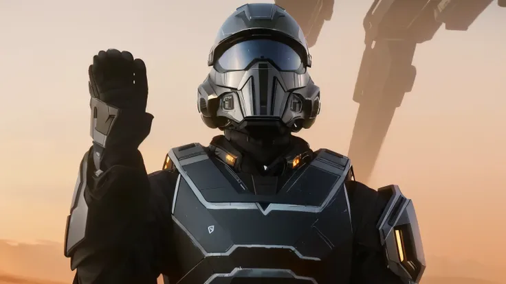 solier with a helmet and a raised hand,  from starship troopers, with futuristic gear and helmet, cinematic screen capture, 8 k octane render, octane highly detailed cinematic, clothed in sci-fi military armor