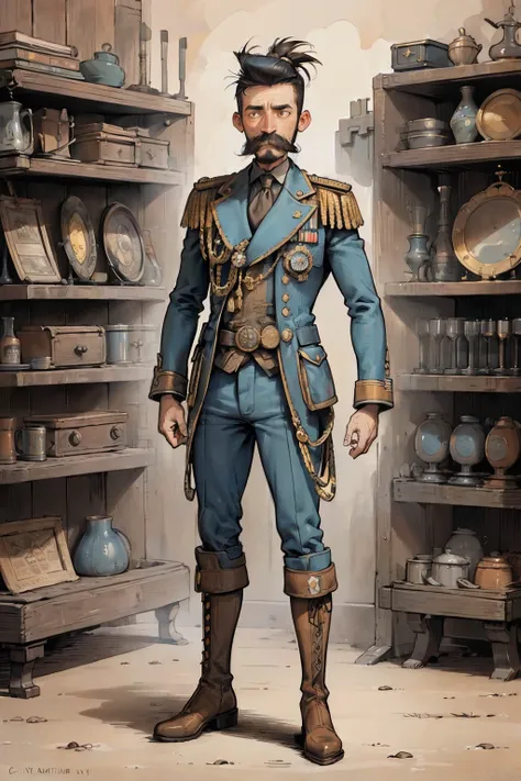  (ultra detailed,ultra high res,detailed background),((2D)), 1solo, looking at viewer, old fashioned military blues, many medals on his chest, large thick black mustache, side-parted pompadour hair, 1700s European military outfit, (big boots), high collar,...