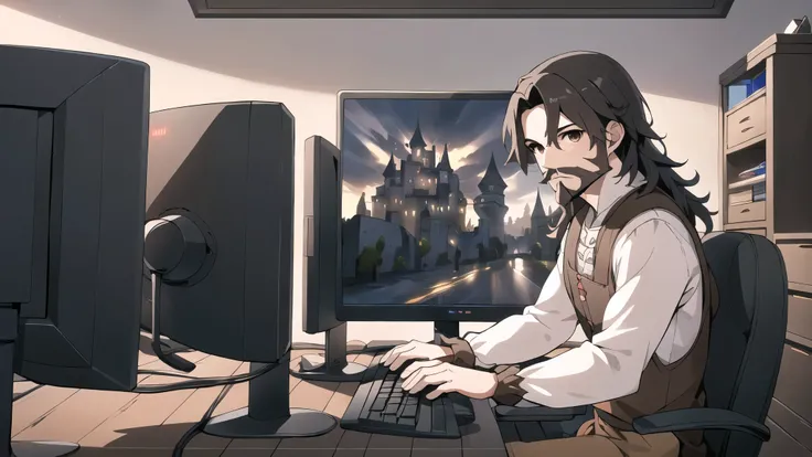 neocruz long black hair, Brown eyes, Spotlight, a mature male villager with a beard, utiliza una computer de juego dentro de una casa campesina.,peasants wearing renaissance clothing,Dur3r Style,(gaming computer monitor, keyboard (computer), cables, rgb ga...