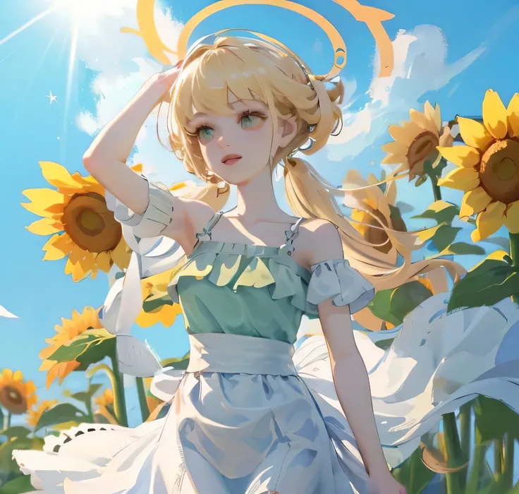 (high quality) (best quality) (a woman) (correct physiognomy) Woman, blonde hair with bangs on her forehead, Flower crown on her head, green eyes, tender lips, middle age, olive green summer dress with print of flowers, location of the photo, the woman mus...