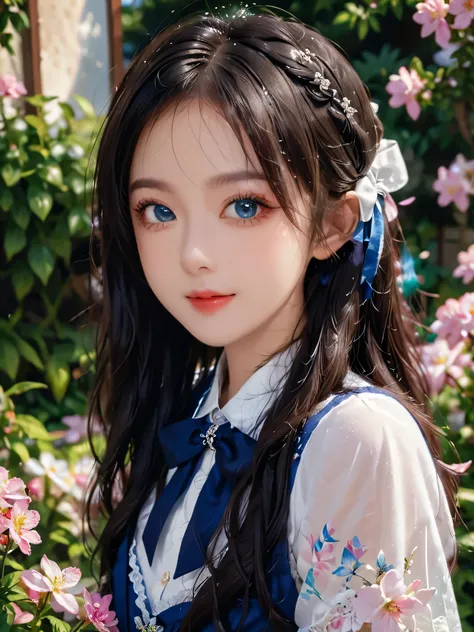 girl,single,Long hair,Looking at the audience,bangs,blue eyes,Bow,Ribbon,Upper Body,White hair,Bow,bow tie,Lips,eyelash,蓝Bow,白Bow,Lace,curls,lifelike,Smiling,A beautiful woman standing in a dreamy garden,Describes high quality,Ultra Detail,and the level of...