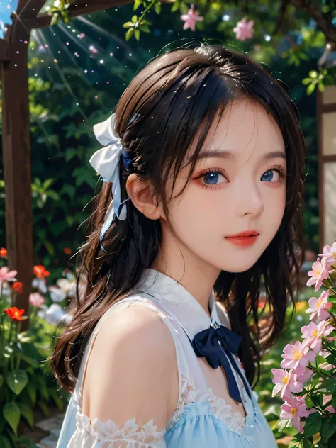 girl,single,Long hair,Looking at the audience,bangs,blue eyes,Bow,Ribbon,Upper Body,White hair,Bow,bow tie,Lips,eyelash,蓝Bow,白Bow,Lace,curls,lifelike,Smiling,A beautiful woman standing in a dreamy garden,Describes high quality,Ultra Detail,and the level of...