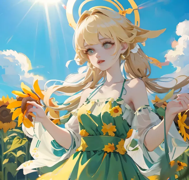 (high quality) (best quality) (a woman) (correct physiognomy) Woman, blonde hair with bangs on her forehead, Flower crown on her head, green eyes, tender lips, middle age, olive green summer dress with print of flowers, location of the photo, the woman mus...