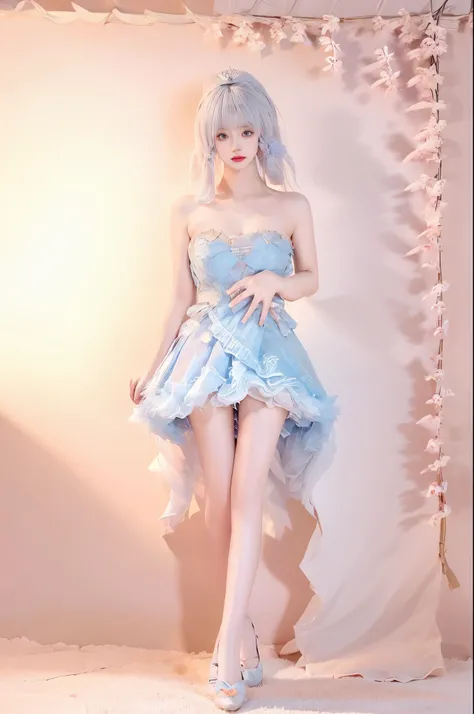 Special clothes46,strapless dress, (Beauty, beautiful), Have a perfect body:1.4,Layered Hairstyle,((Large Breasts)), ((D cup)), Visible cleavage,Bare shoulders, Highly detailed face and skin texture,Double eyelids,Skin Whitening,Long hair,Whitening long l...