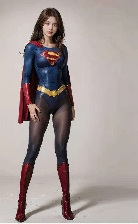No background、(((Beautiful legs in black tights.)))、(((Legally express the beauty of your smile)))、((((Make the most of your original images)))、(((Body-hugging Supergirl costume)))、(((Supergirl Costume)))、(((Beautiful Hair)))、(((suffering)))、(((Please wear...
