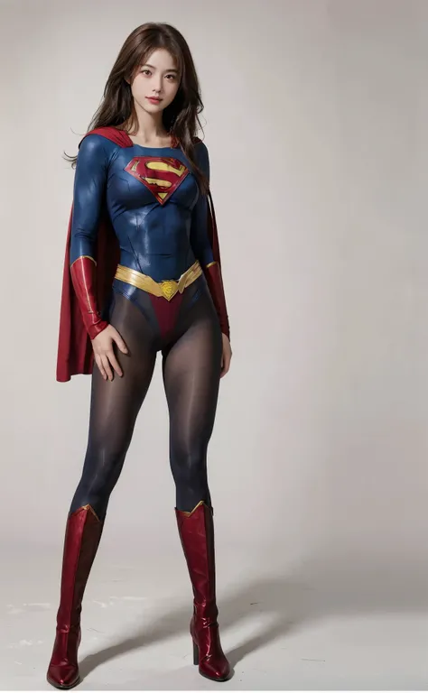 No background、(((Beautiful legs in black tights.)))、(((Legally express the beauty of your smile)))、((((Make the most of your original images)))、(((Body-hugging Supergirl costume)))、(((Supergirl Costume)))、(((Beautiful Hair)))、(((suffering)))、(((Please wear...