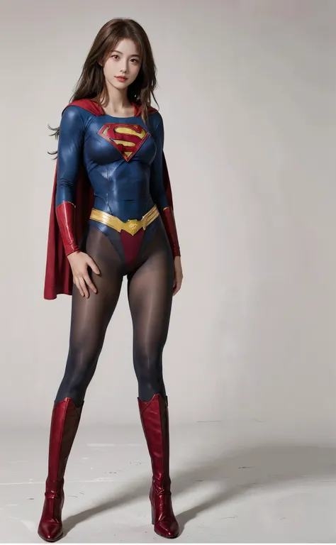 No background、(((Beautiful legs in black tights.)))、(((Legally express the beauty of your smile)))、((((Make the most of your original images)))、(((Body-hugging Supergirl costume)))、(((Supergirl Costume)))、(((Beautiful Hair)))、(((suffering)))、(((Please wear...