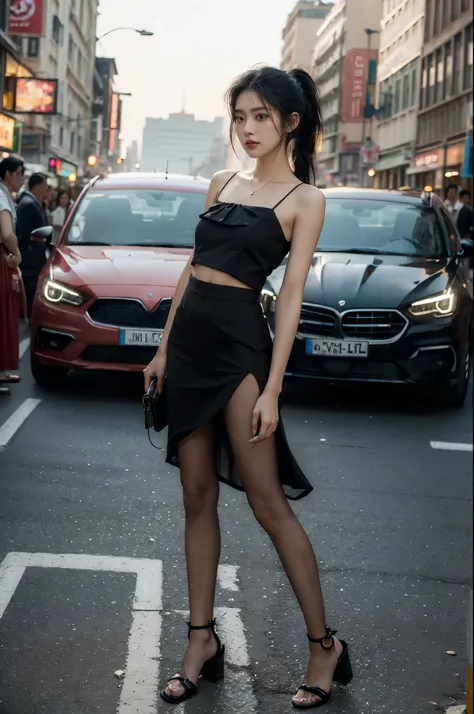 (((best quality))),(((ultra detailed))),(((masterpiece))),illustration,1girl,slim,sun-kissed skin,vibrant rose-pink cotton dress,short ponytail,flat chest,navel,slender legs,pantyhose,sandals,standing, bustling city streets, honking cars,surrounded by crow...