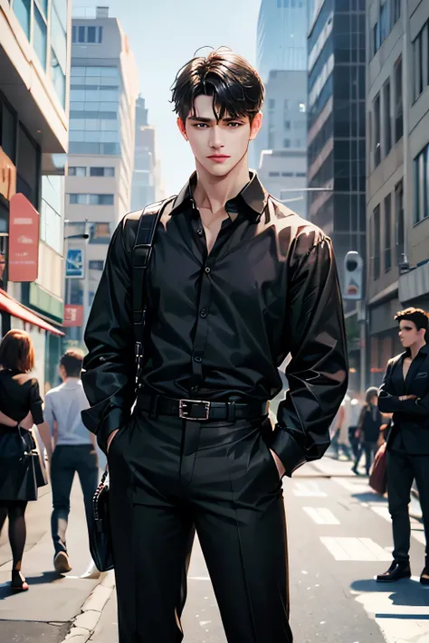 1boy, male_focus, black_hair, belt, solo, pants, brown_pants, shirt, looking_at_viewer, realistic, black_shirt, standing, short_hair, hands_in_pockets, black_eyes, long_sleeves, at university_background, outdoor 