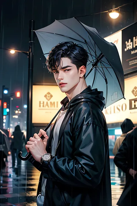 realistic, black umbrella, 1boy, solo, male_focus, black_hair, watch, wristwatch, holding_umbrella, hoodie, rain, rainy_day, blue_hoodie, black_eyes, holding, looking_at_viewer, long_sleeves, bag