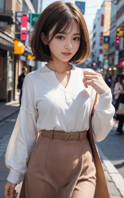 Cute 21 year old Japanese、shopping、Ultra-detailed facial features、Attention to detail、double eyelid、Beautiful and thin nose、Sharp Focus：1.2、beauty：1.4、（Light Brown Hair、Short Hair、）、Pure white skin、Highest quality、masterpiece、超High resolution、（Photorealist...