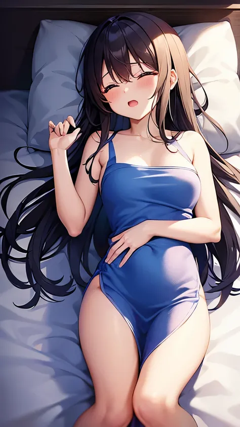 1女高中生Lying on your side in bed，Show your shoulders，Close your eyes，blush，Open mouth slightly，Cover with a towel，Lying on your side in bed，Curved body，High top view，Full body image