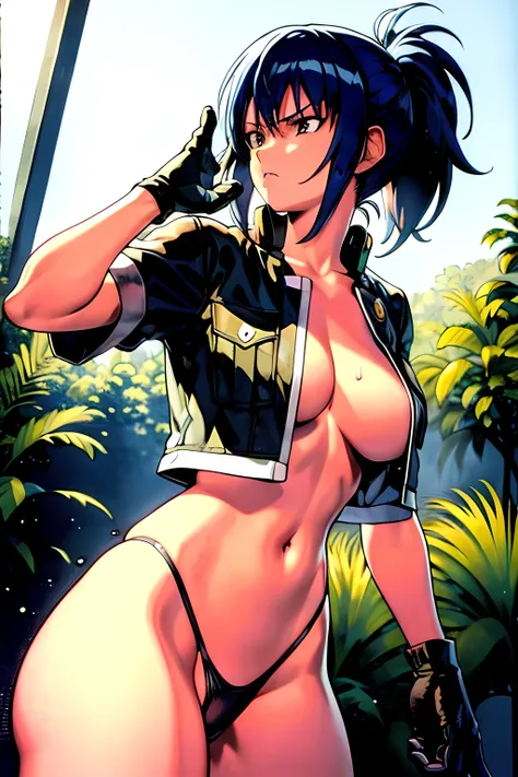 masterpiece, best quality, anime 1990s (style, leona heidern,  naked, fully open vest, thong pants ,jungle, pony tail, wet, serious, gloves, 