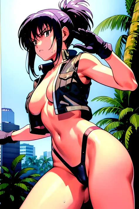 masterpiece, best quality, anime 1990s (style, leona heidern,  naked, fully open vest, thong pants ,jungle, pony tail, wet, serious, gloves, 