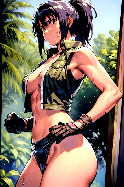 masterpiece, best quality, anime 1990s (style, leona heidern,  naked, fully open vest, thong pants ,jungle, pony tail, wet, serious, gloves, 