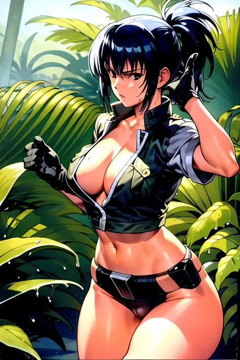 masterpiece, best quality, anime 1990s (style, leona heidern,  naked, fully open vest, thong pants ,jungle, pony tail, wet, serious, gloves, 