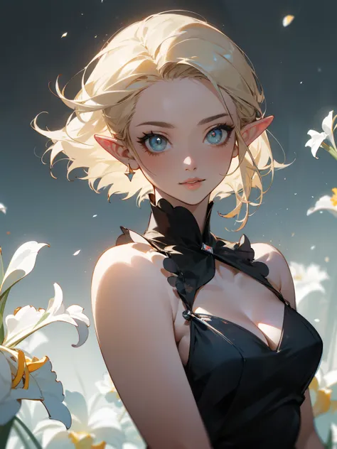 (masterpiece), ((best quality)), (super detailed), (Clean and delicate face), (side lighting, finely detailed beautiful eyes: 1.2), (Eyelid, Pupil, Sclera, Iris), particle, wind, flower, upper body, from front, pixie cut blonde hair, slick back, pointed ea...