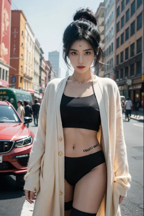 (((best quality))),(((ultra detailed))),(((masterpiece))),illustration,1girl,slim,sun-kissed skin,vibrant rose-pink cotton dress,short ponytail,flat chest,navel,pantyhose,standing, bustling city streets, honking cars,surrounded by crowded crowds, colorful ...