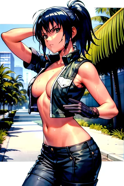 masterpiece, best quality, anime 1990s (style, leona heidern,  naked, fully open vest, thong pants ,jungle, pony tail, wet, serious, gloves, 