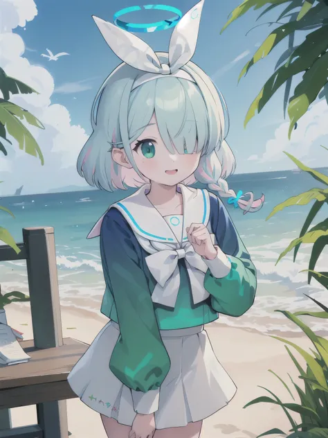 Best of Masterpiece_Quality Alona 1 Girl White_Hairband bow_Short halo headband_hair single_Blade Arona_(green_archive) solo green_eyes green_Hair braids smile multicolor_hair ocean bow Sailor_Collar Beach White_Sailor_collar outdoors cloud sky shirt bangs...