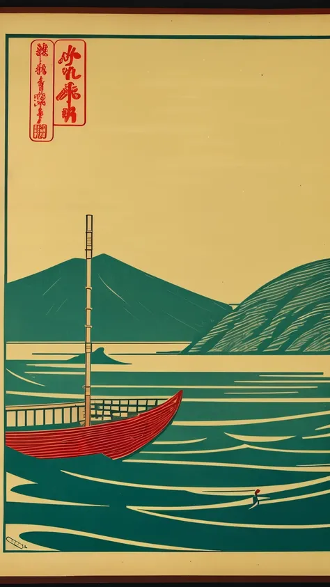 Woodblock print style lake，There are fishing boats in the distance on the lake，Three Crabs