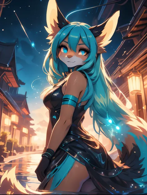 Miku Hatsune,Arabic, tanned skin, High Definition, kitsune ears, Masterpiece}}, of the highest quality, Highly detailed CG Unity 8k wallpaper, cinematic lighting, Lens flare, Beautiful detailed eyes, negro, lateral line, multicolored hair, showy light, par...