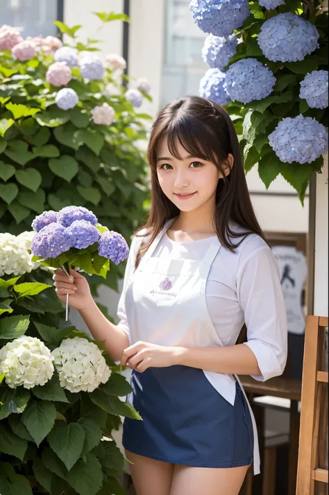 A 20-year-old girl working at a cafe where hydrangeas are blooming（Wearing a miniskirt and apron）