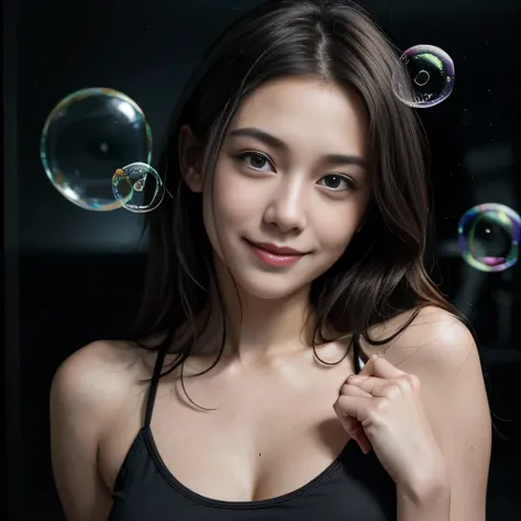 raw photo , 8K, ultra detailed, (realistic:1.2), (1girl), (seductive smile:1.3), (round face), (black camisole), (sexy:1.3), BREAK (bubbles:1.5), (dark room:1.5)