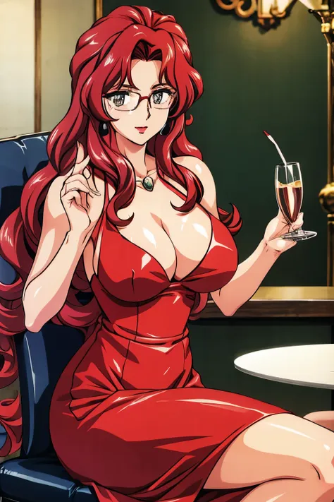 final romance,rukawa saya,large breasts,ruby hair,long hair,wavy hair,long hair,glasses,(red dress,fine dining、night scene,table...