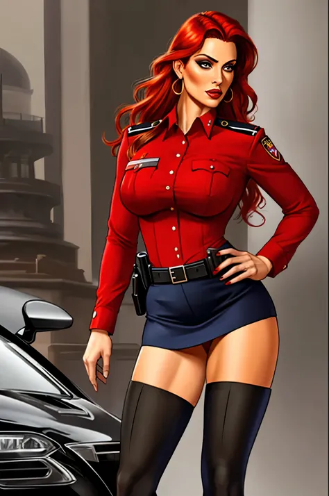 Busty cop, sexy uniform. realistic, red hair, short skirt
