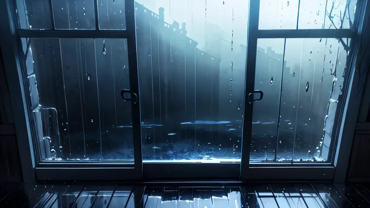 In a dark room at night. The room is unlit, with only one large window. Outside the window, rain continues to fall, and the sound of raindrops hitting the glass echoes. The entire room and the outside scenery are expressed in black and blue tones, creating...