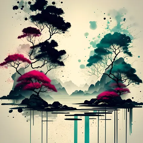 white backgrounid， scenecy， mont， eau， the trees，color ink，splash of color，