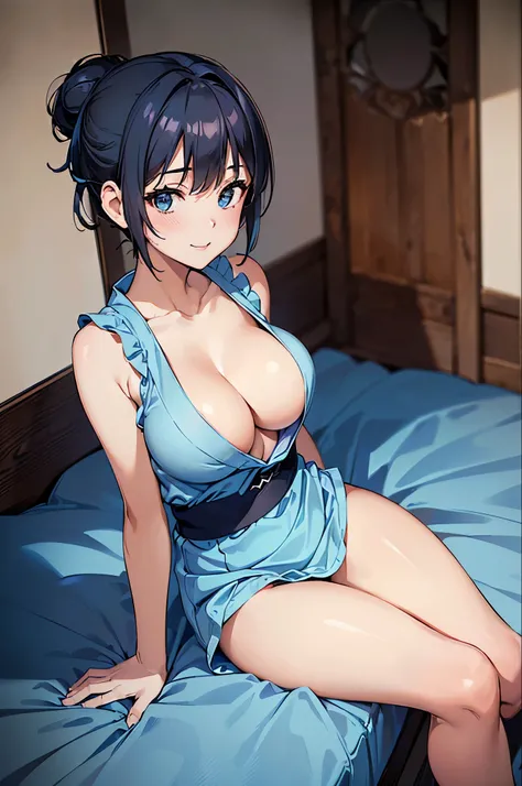 masterpiece, best quality, ultra detailed, ultra high resolution, very detailed face, (((solo))), anime, top down angle, 20 years old girl, slim, (((lightblue yukata, sleeveless))), (((bare thighs, pantie))), ((black short hair, chignon)), (((large breast,...