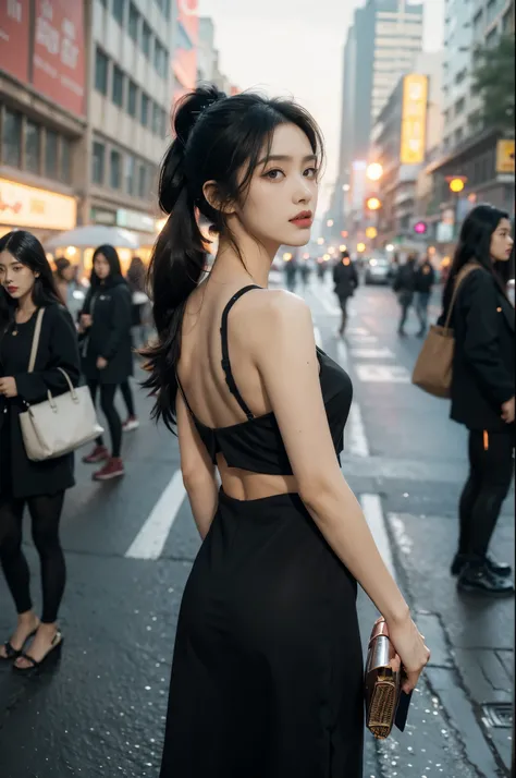 (((best quality))),(((ultra detailed))),(((masterpiece))),illustration,1girl,slim,sun-kissed skin,vibrant rose-pink cotton dress,short ponytail,pantyhose,standing, bustling city streets, honking cars,surrounded by crowded crowds, colorful advertisements,gr...