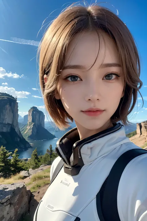 Ultra-high resolution、(masterpiece:1.3), (8K, Best image quality: 1.4)、 (Real:1.4)、One beautiful woman、Beautifully detailed eyes and skin、Light brown short hair、Hair swaying in the wind、Close-up of face、A tiny smile、Small Bust、Spacesuit、wasteland、Cliff roc...