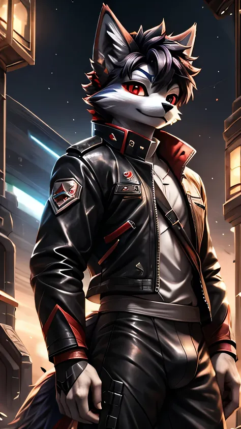 Rystal, Star Fox, Male,Dark emerald hair， (detailed), fluffy, Solo, Meticulous and realistic, delicate eyes(( Black and red eyes)), stand   ，leather jacket，Ghost Warrior，Tactical pants
, HD 4k Star Fox, Rystal, Star Fox, Male,Dark emerald hair， (detailed),...